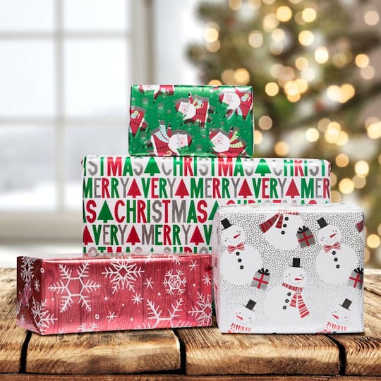 JAM Paper Red Ho Ho Ho Santa Foil Gift Wrap Set, 4ct.